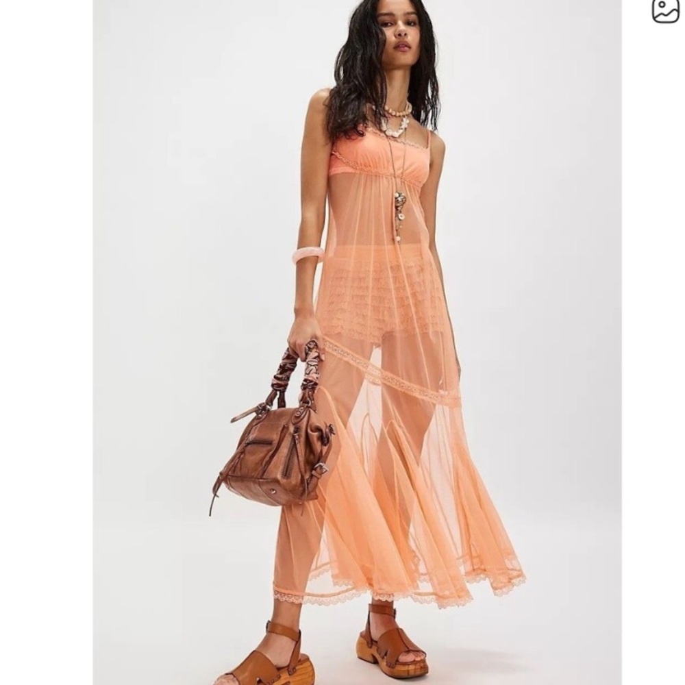 Intimately Free People Madeline Elegant Peach Sheer Maxi Nightgown Dress New